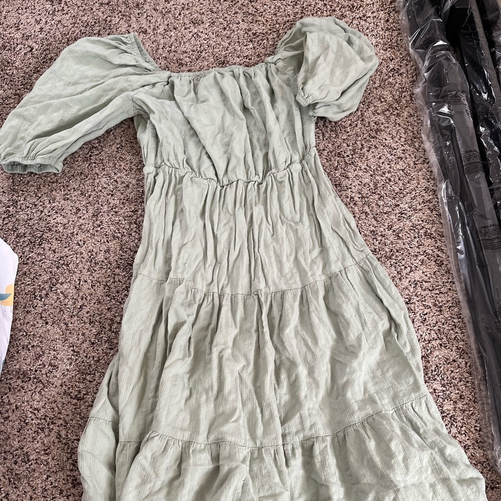 Light Green Long Dress, Lightweight, Square-neck, Ruffle Look